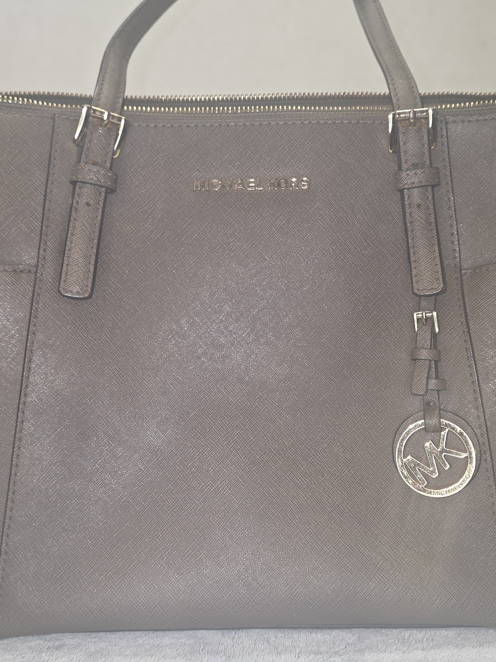 Michael Kors Mushroom Taupe Saffiano Tote with Gold-Tone MK Charm